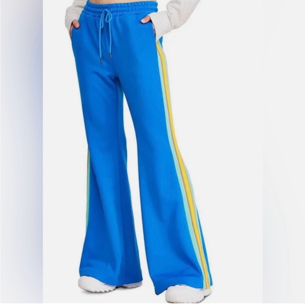 Bright Blue Flared Track Pants with Yellow Stripe